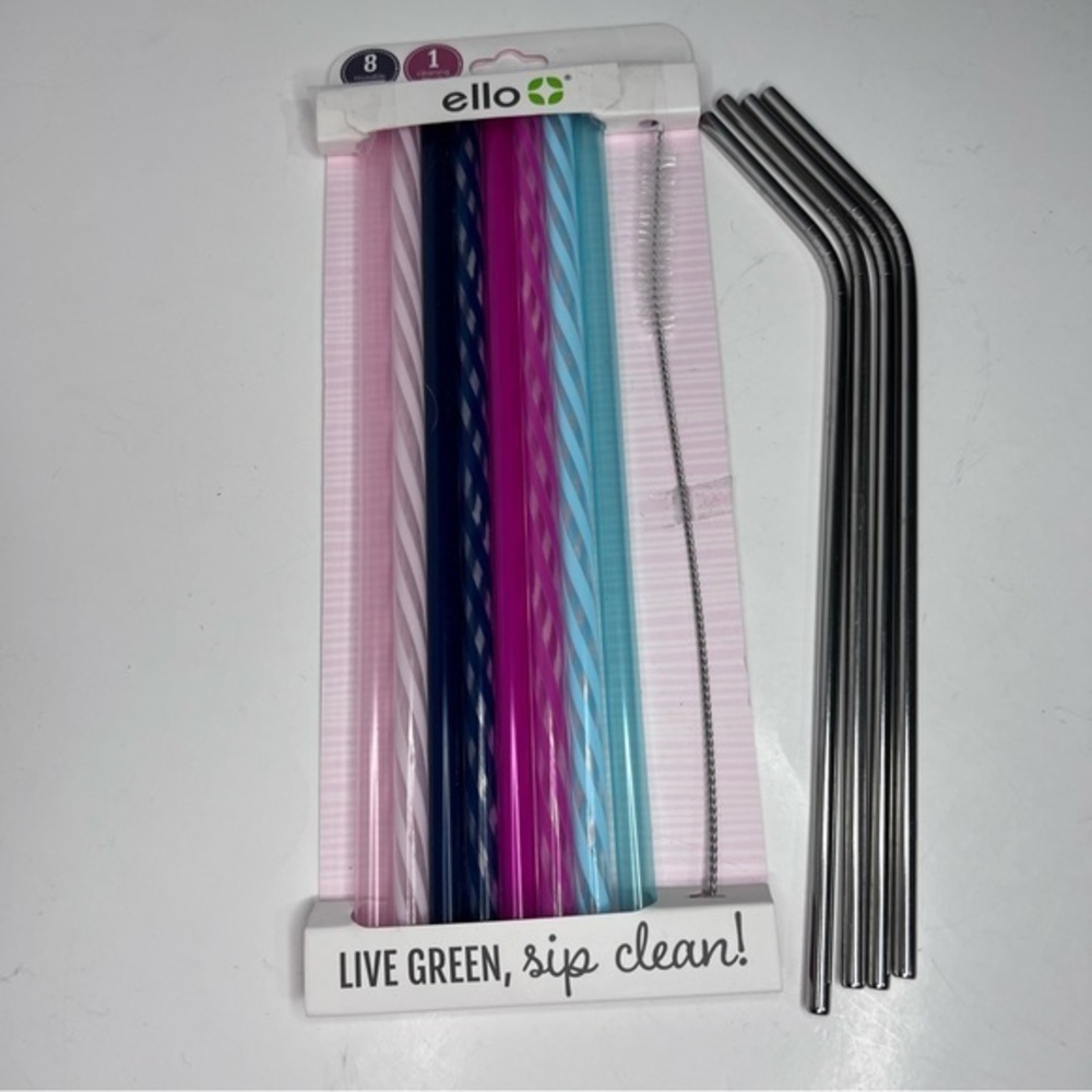 Ello 8 Reusable Drinking Straws & Cleaning Brush  Bonus 4  Metal Straws New